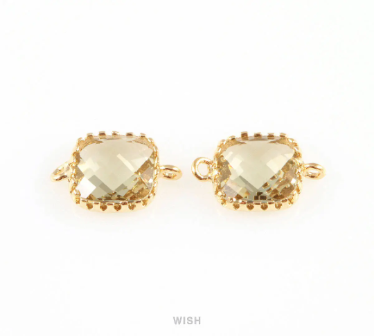 Olivine Faceted Glass Connector in Gold, Framed Square Connector / GOVG-007-P