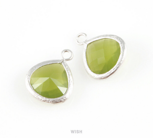 Dark Olivine Faceted Glass Charm in Rhodium, Framed Drop Glass Bead / GDORH-002-P (Medium)