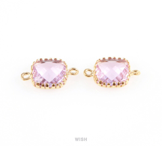 Light Amethyst Faceted Glass Connector in Gold, Framed Square Connector / GLDG-007-P