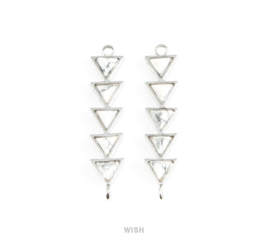 Howlite Triangle Bar Stone Charm in Rhodium, Gemstone Framed Pendant /SHTRH-047-P