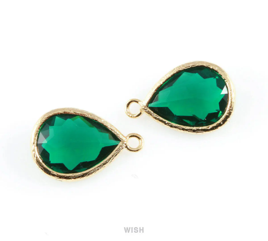 Emerald Teardrop Glass Charm in Gold, Framed Drop Glass Gem/ GEMG-005-P