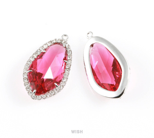 Briolette Ruby Glass with Rheinstone in Rhodium, Framed Gem Pendant / GRBRH-043-P