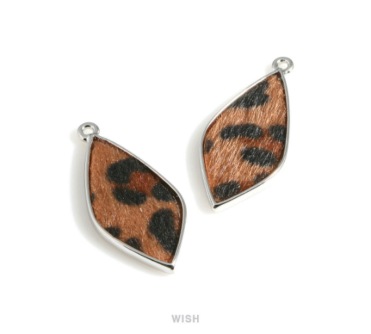 Light Leopard Print Calf Hide in Rhodium Drop Frame, Leopard Calf Hide Charm / LLERH-467-P2