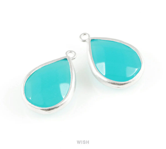 Ocean Blue Faceted Synthetic Stone Charms in Matte Rhodium, Framed Teardrop Pendant / SOBMRH-010-P