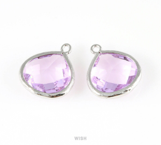 Light Amethyst Faceted Glass Charm in Rhodium, Framed Drop Glass Bead / GLDRH-001-P (Large)