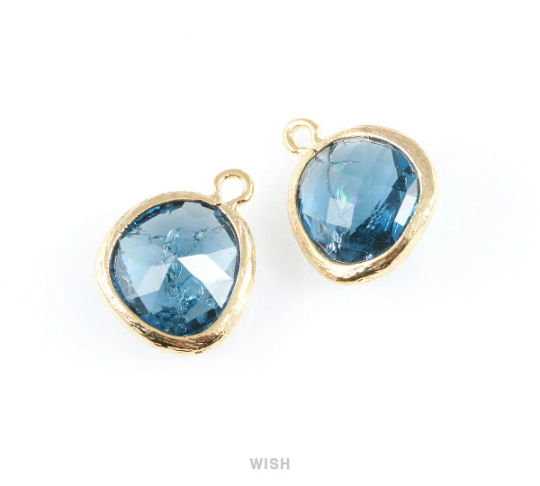 Montana Blue Sparkle Glass Charm in Gold, Framed Drop Glass Bead / GMBG-013-P