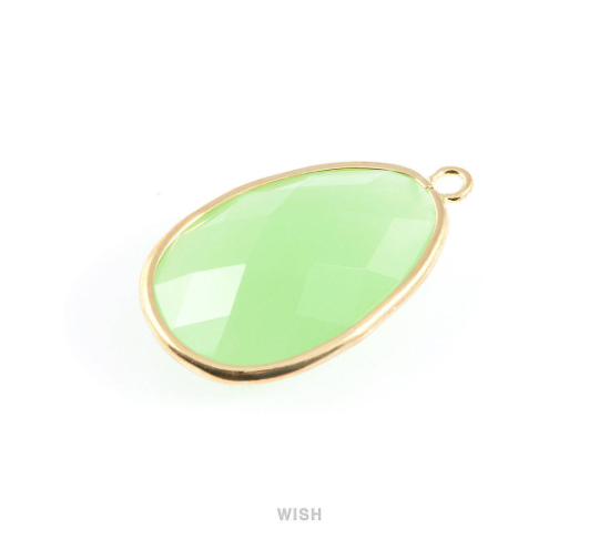 Light Mint Oval Glass Charm in Gold, Glass Framed Pendant / GLMG-045-P