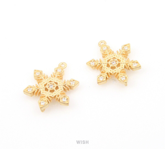 Snowflake with Cubic Zirconia Pendant in Matte Gold, CZ Snowflake Charm / CMG-059-P