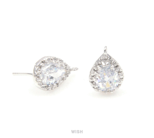 Teardrop Cubic Stud Earrings in Rhodium, Teardrop Cubic Zirconia / CRH-032-E