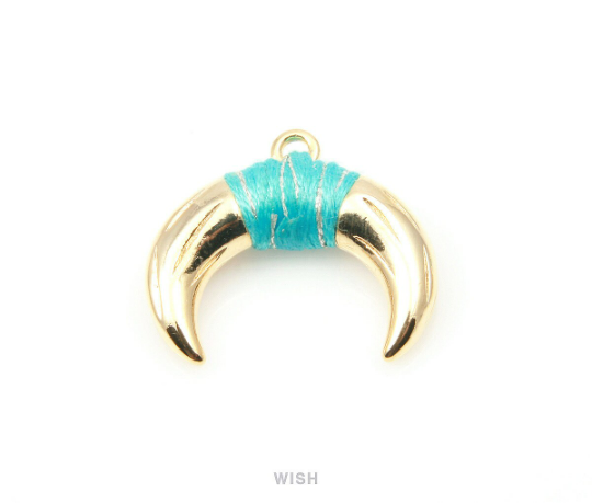 Metal Horn Pendant in Gold with Mint Strap, 16k Gold Bull's Horn Charm/ MMTG-004-P (Large)