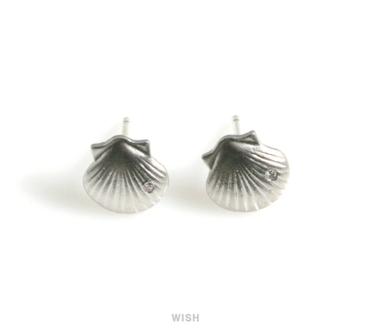 Seashell Stud Earrings in Matt Rhodium, CZ Scallop Seashell Studs / MMRH-569-E