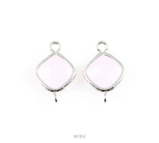 Rose Quartz Rhombus Glass Connector in Rhodium, Framed Rhombus Connector /GRQRH-021-P