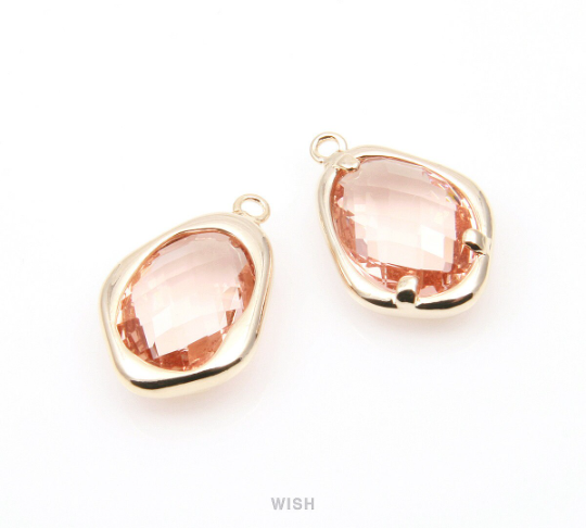 Peach Faceted Glass Charms in Gold, Framed Teardrop Pendant / GPCG-085-P