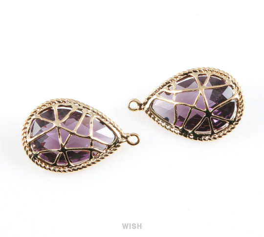Amethyst Teardrop Glass Charms in Gold, Framed Drop Pendant / GTZG-022-P