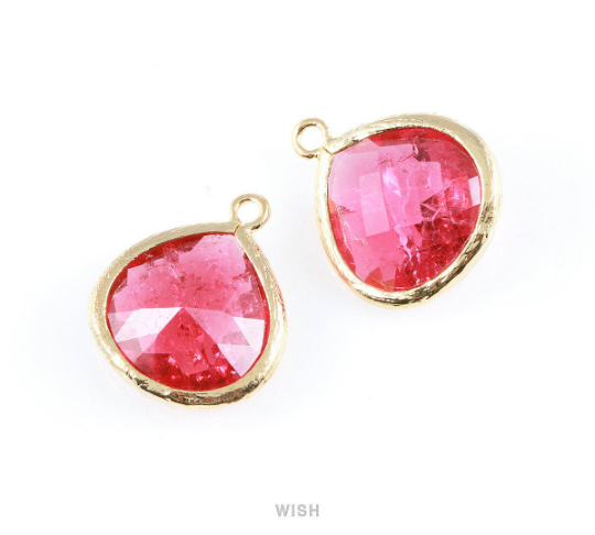 Ruby Sparkle Glass Charm in Gold, Framed Drop Glass Bead / GRBG-012-P (Large)