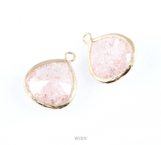 Peach Sparkle Glass Charm in Gold, Framed Drop Glass Bead / GPCG-012-P