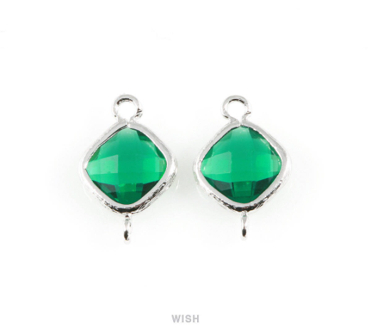 Emerald Rhombus Glass Connector in Rhodium, Framed Rhombus Connector / GEMRH-021-P