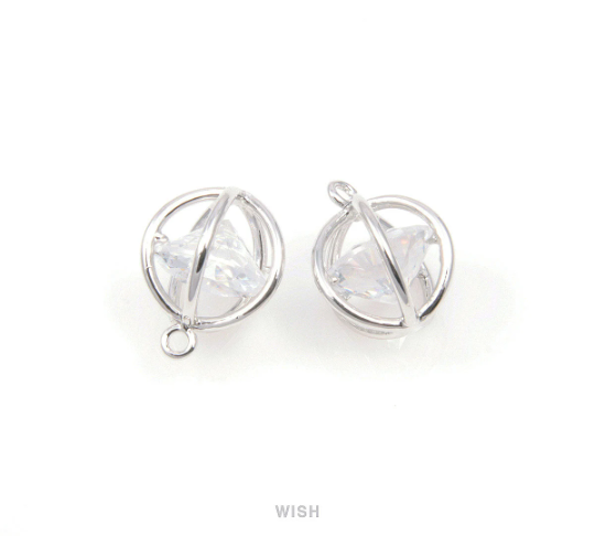 2 pcs Round Cubic Zirconia in Rhodium Globe Cage, Round Shape Cubic Zirconia / CRH-010-P (Large)