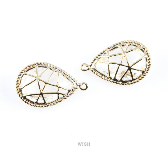 Clear Teardrop Glass Charms in Gold, Framed Drop Pendant / GCLG-022-P