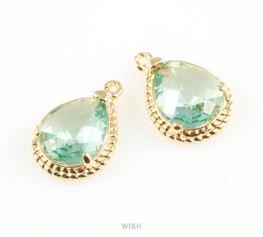 Erinite Teardrop Glass Charm in Gold, Framed Drop Glass Gem / GERG-006-P