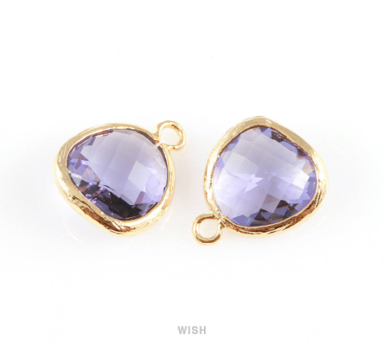 Amethyst Faceted Glass Charm in Gold, Framed Drop Glass Gem / GTZG-004-P (Medium)