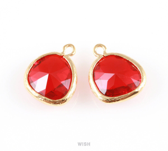 Garnet Faceted Glass Charm in Gold, Framed Drop Glass Gem / GGNG-004-P