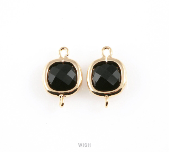 Jet Faceted Glass Connector in Gold, Square Framed Connector / GJTG-041-P