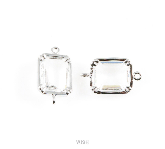 Clear Rectangle Glass Connectors in Rhodium, Framed Glass Gem / GCLRH-019-P (Medium)