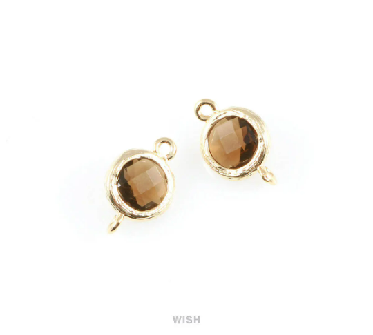 Smoky Quartz faceted Glass Connector in Gold, Framed Round Glass Bead /GSQG-015-P