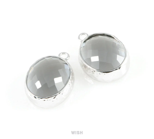 Charcoal Faceted Glass Charms in Rhodium, Framed Oval Pendant / GCCRH-009-P
