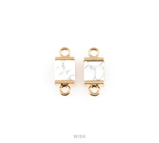 Howlite Square Stone Charm in Gold, Gemstone Framed Pendant / SHTG-057-P