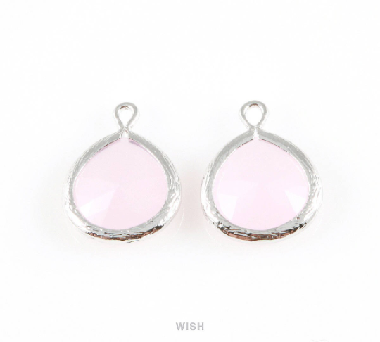 Rose Quartz Faceted Glass Charm in Rhodium, Framed Drop Glass Bead / GRQRH-002-P (Medium)