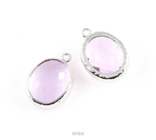 Light Amethyst Faceted Glass Charms in Rhodium, Framed Oval Pendant / GLDRH-009-P