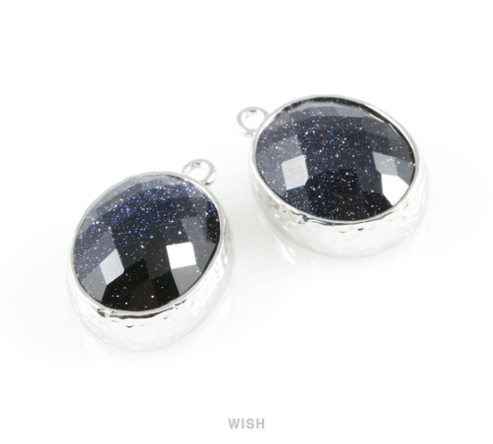 Lapis-Lazuli Faceted Glass Charms in Rhodium, Framed Oval Pendant / GLLRH-009-P