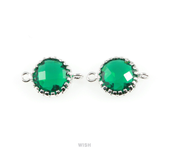 Emerald Faceted Glass Connector in Rhodium, Framed Round Connector /