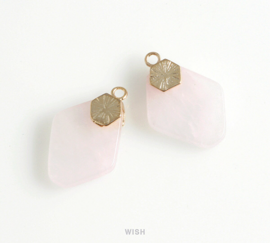 Rose Quartz Hexagon Gemstone Charm in Gold, Rose Quartz Hexagon Gemstone Pendant / SRQG-108-P