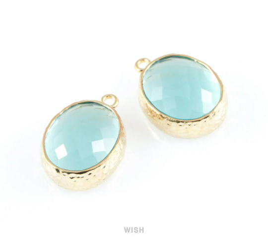 Aquamarine Faceted Glass Charms in Gold, Framed Oval Pendant / GAQG-009-P