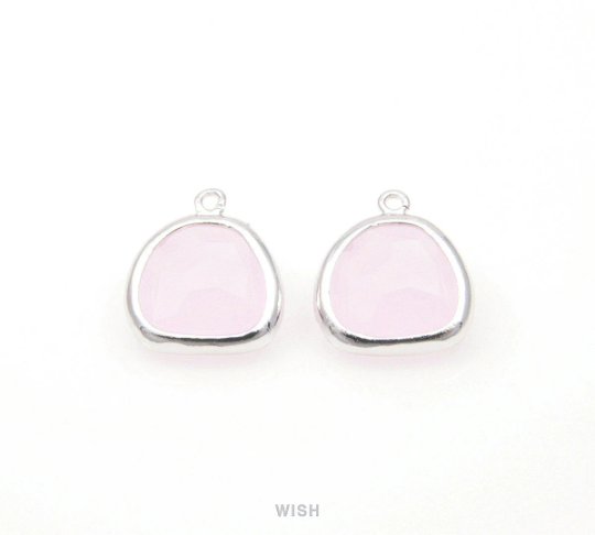 Rose Quartz Pear Glass Charm in Rhodium, Glass Framed Pendant/ GRQRH-093-P