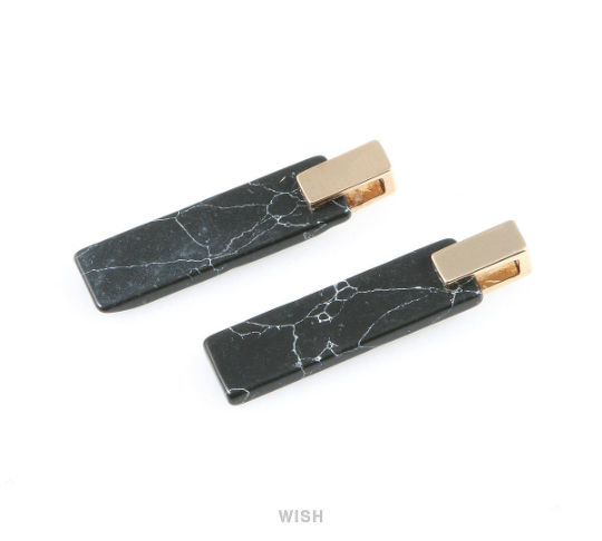 Black Marble Rectangle Stone Charm in Gold, Gemstone Framed Pendant / SBMG-056-P