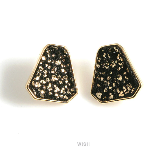 Six Angles Black Fabric Drop with Gold Leaf Stud Earrings in Gold, Six Angles Drop Studs / MBKG-516-E
