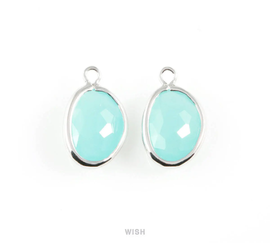 Ocean Blue Pear Glass Charm in Rhodium, Glass Framed Pendant / GOBRH-040-P