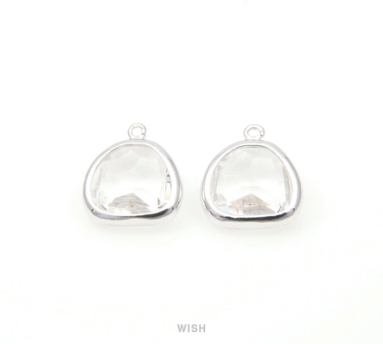 Clear Pear Glass Charm in Rhodium, Glass Framed Pendant /GCLRH-093-P