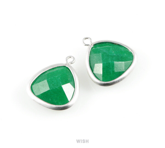 Palace Green Faceted Stone Charms in Matte Rhodium, Framed Triangle Pendants / SPGMRH-029-C