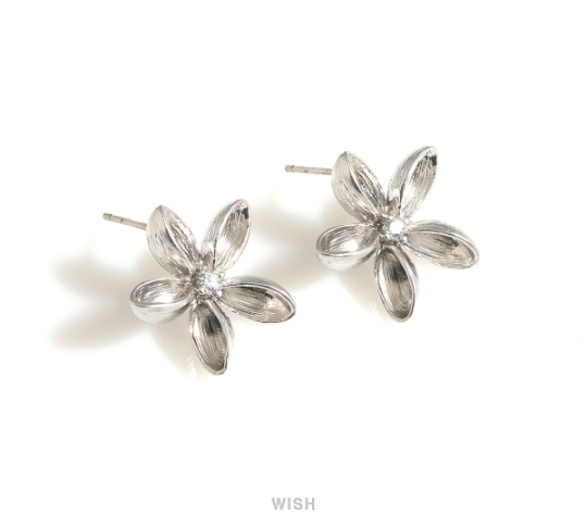 Wild Flower Stud Earrings in Matte Rhodium, Flower with CZ Stud Earrings / MMRH-708-E