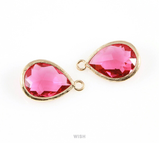 Ruby Teardrop Glass Charm in Gold, Framed Drop Glass Gem /GRBG-005-P