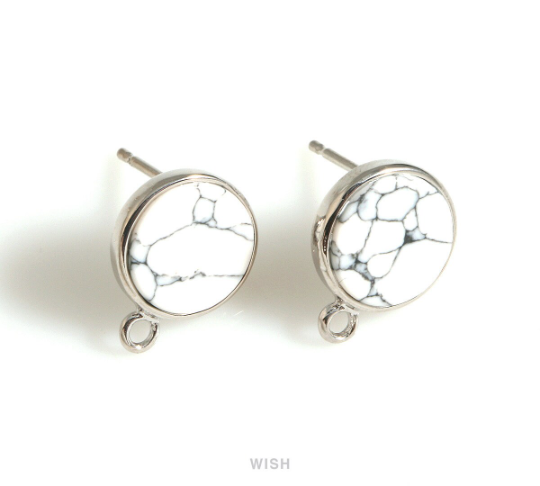 Howlite Round Stone Stud Earrings in Rhodium, Circle Gemstone Stud Earrings / SHTRH-058-E