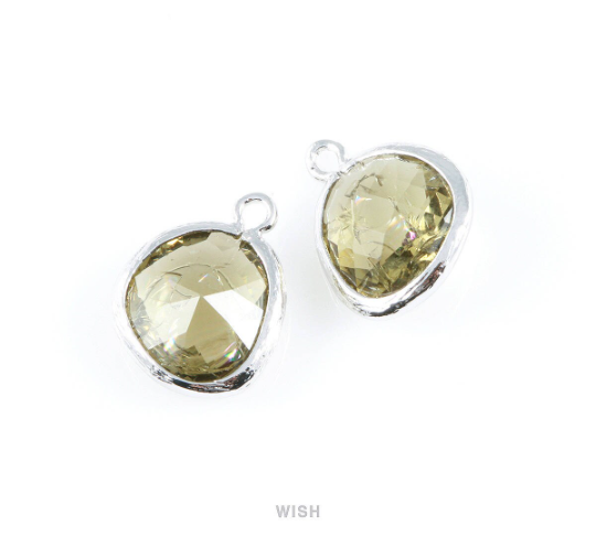 Olivine Sparkle Glass Charm in Rhodium, Framed Drop Glass Bead / GOVRH-013-P