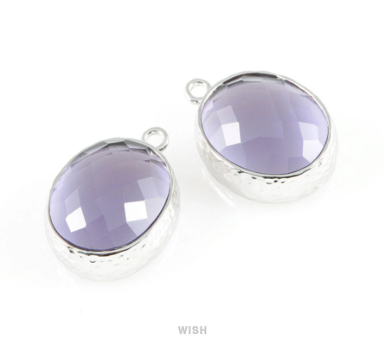 Amethyst Faceted Glass Charms in Rhodium, Framed Oval Pendant/ GTZRH-009-P