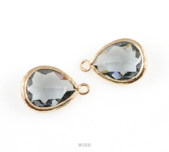 Charcoal Teardrop Glass Charm in Gold, Framed Drop Glass Gem / GCCG-005-P