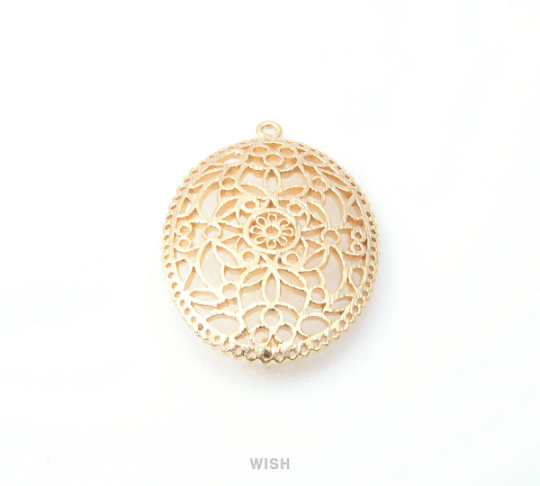 Oriental Floral Oval Pendant in Matte Gold, Oriental Floral Charm / MMG-201-P